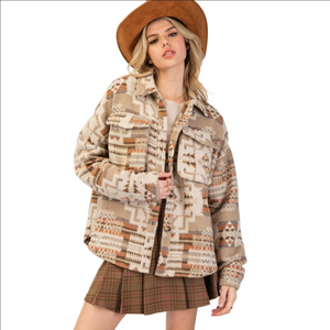Easel Women's Geometric Teddy Jacket - Cream and Brown